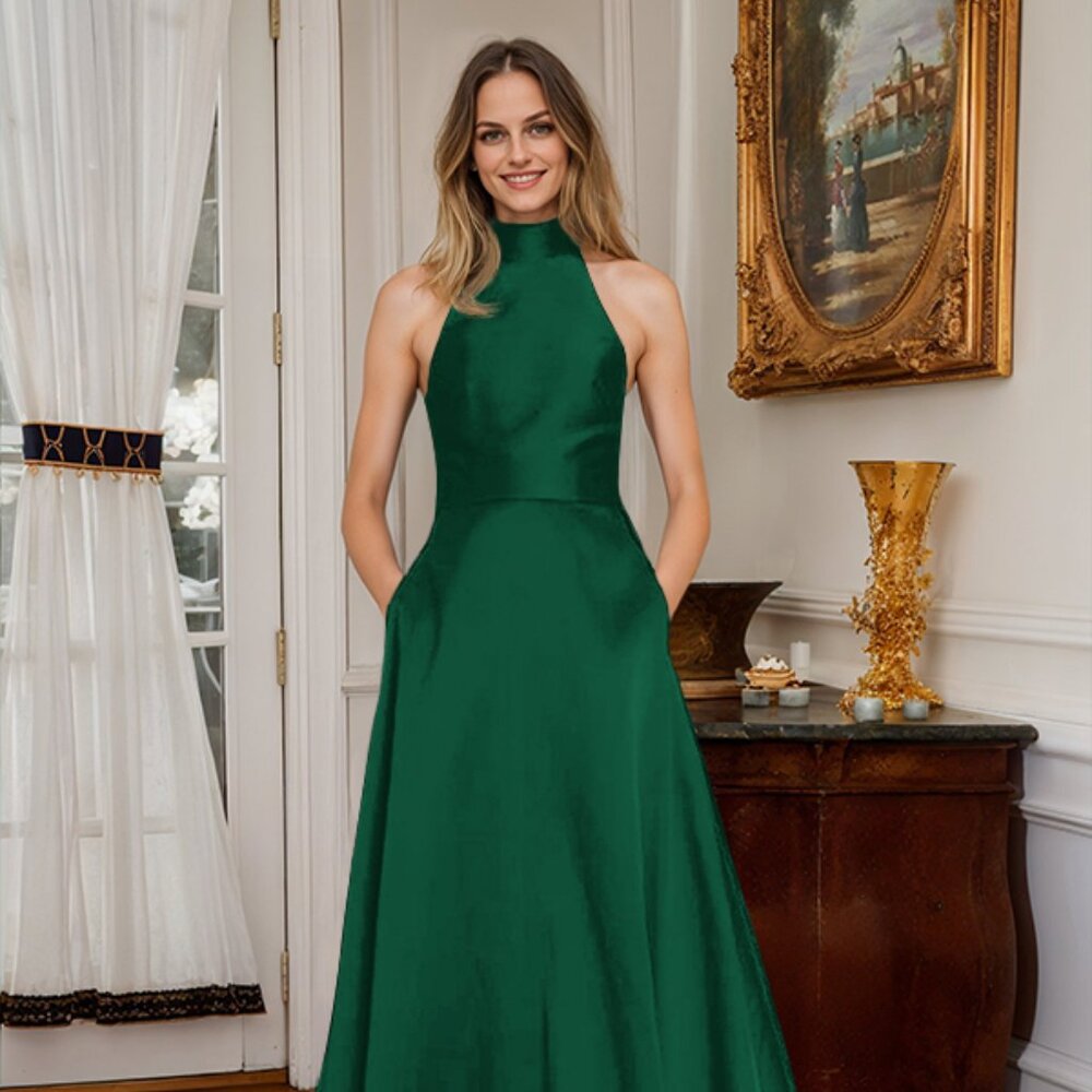 A-Line Halter Sleeveless Satin Mother Of The Bride (emerald like)